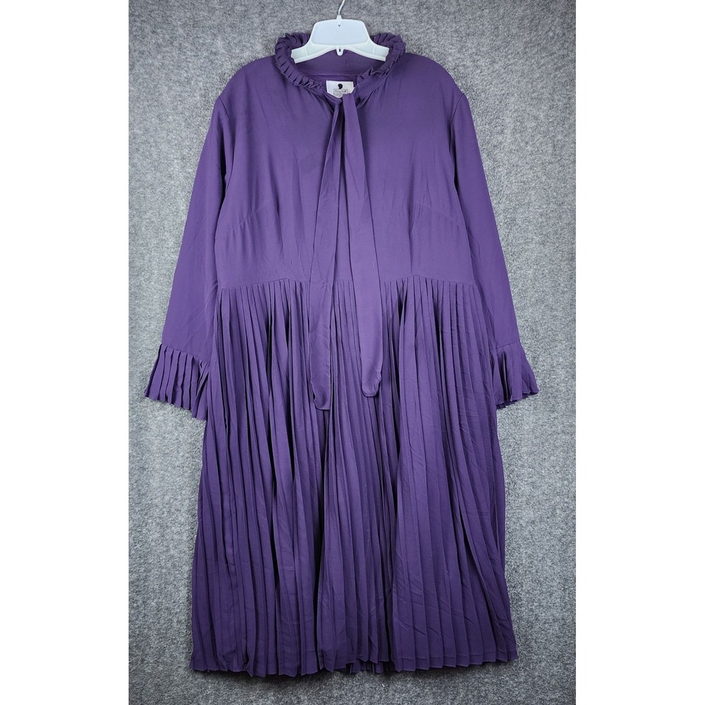 Dainty Jewells Pleated Midi Dress‎ Women XXL Purple Ruffle Tie Neck Modest
